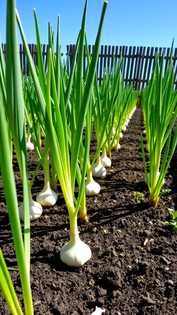 Rows of green garlic plants in a sunny garden setting, showcasing healthy growth.